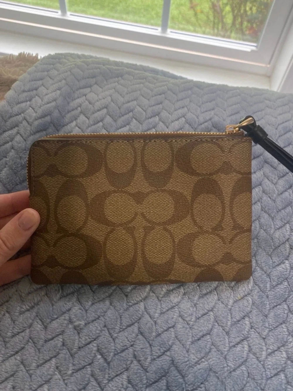 COACH Brown Signature Canvas Wristlet with Black Center Stripe